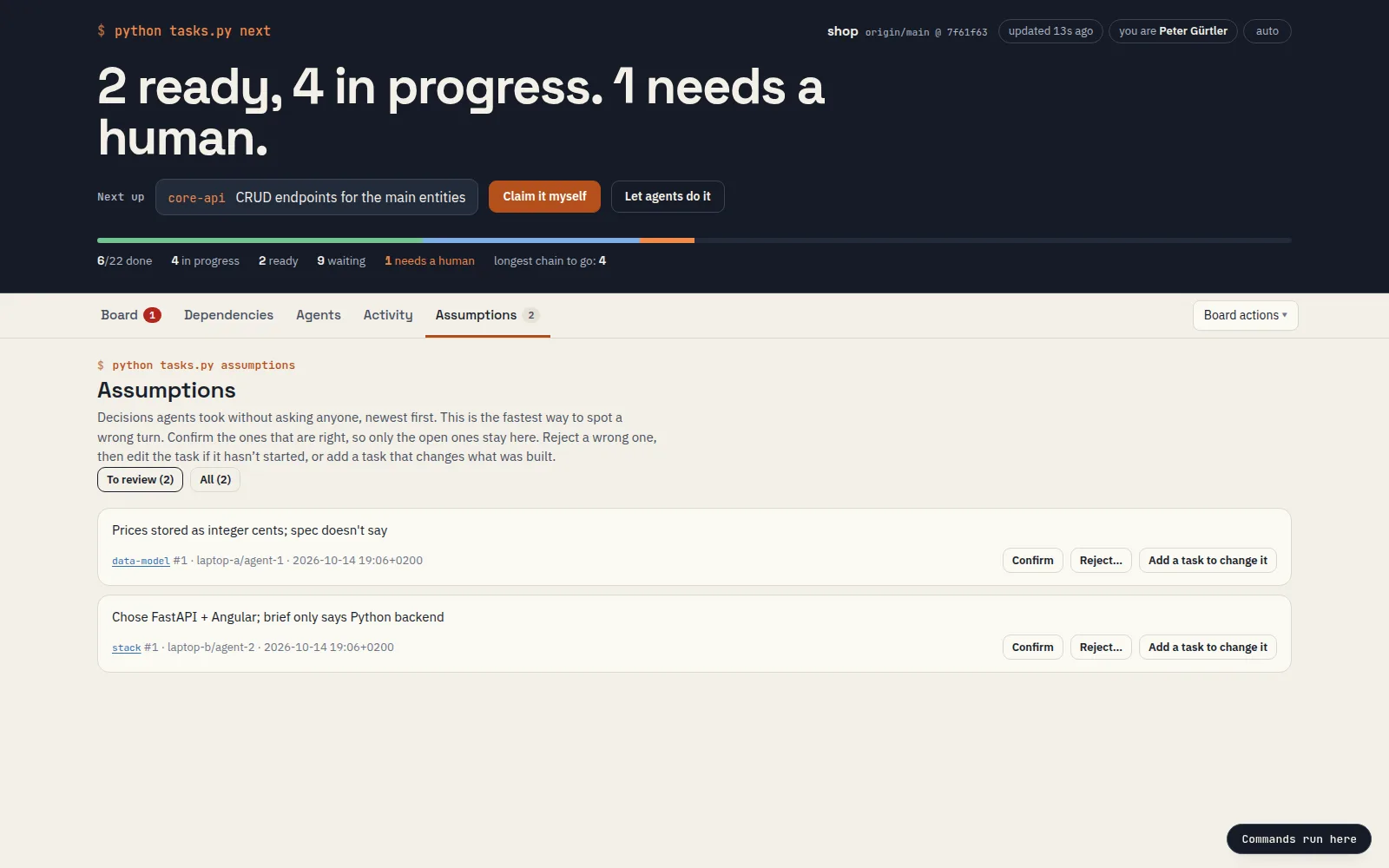 Two assumptions made by agents, each with Confirm, Reject and Add a task buttons